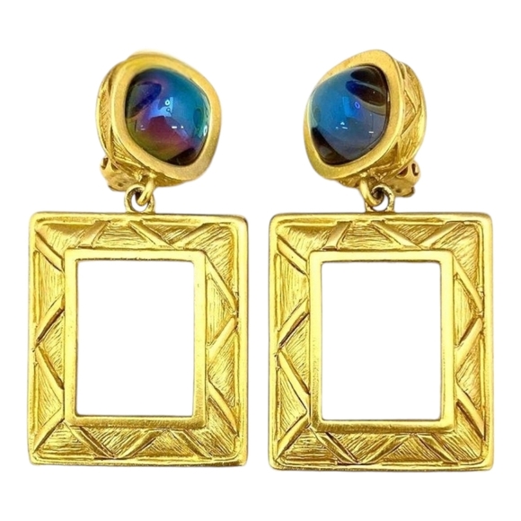 GIVENCHY Modernist Square Open Gold Frame Earrings & Blue Cabochon Stones - Picture 2 of 6